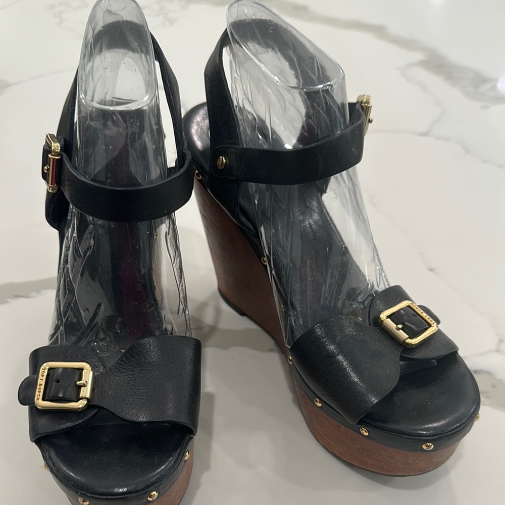 Tory Burch Black Leather Platform Wedge Sandals with Gold Buckles